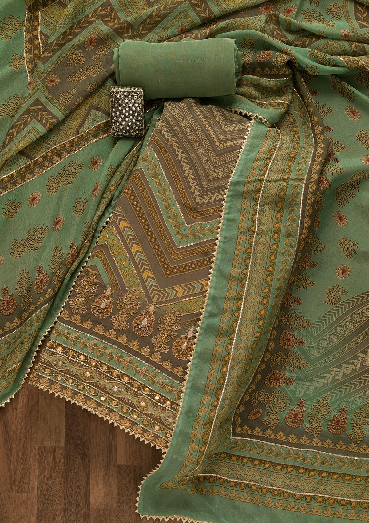 sea green printed crepe unstitched salwar suit
