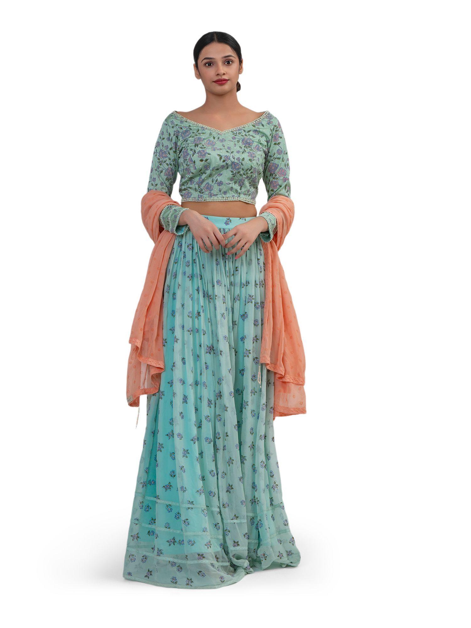 sea green printed gathered lehenga with choli & dupatta (set of 3)