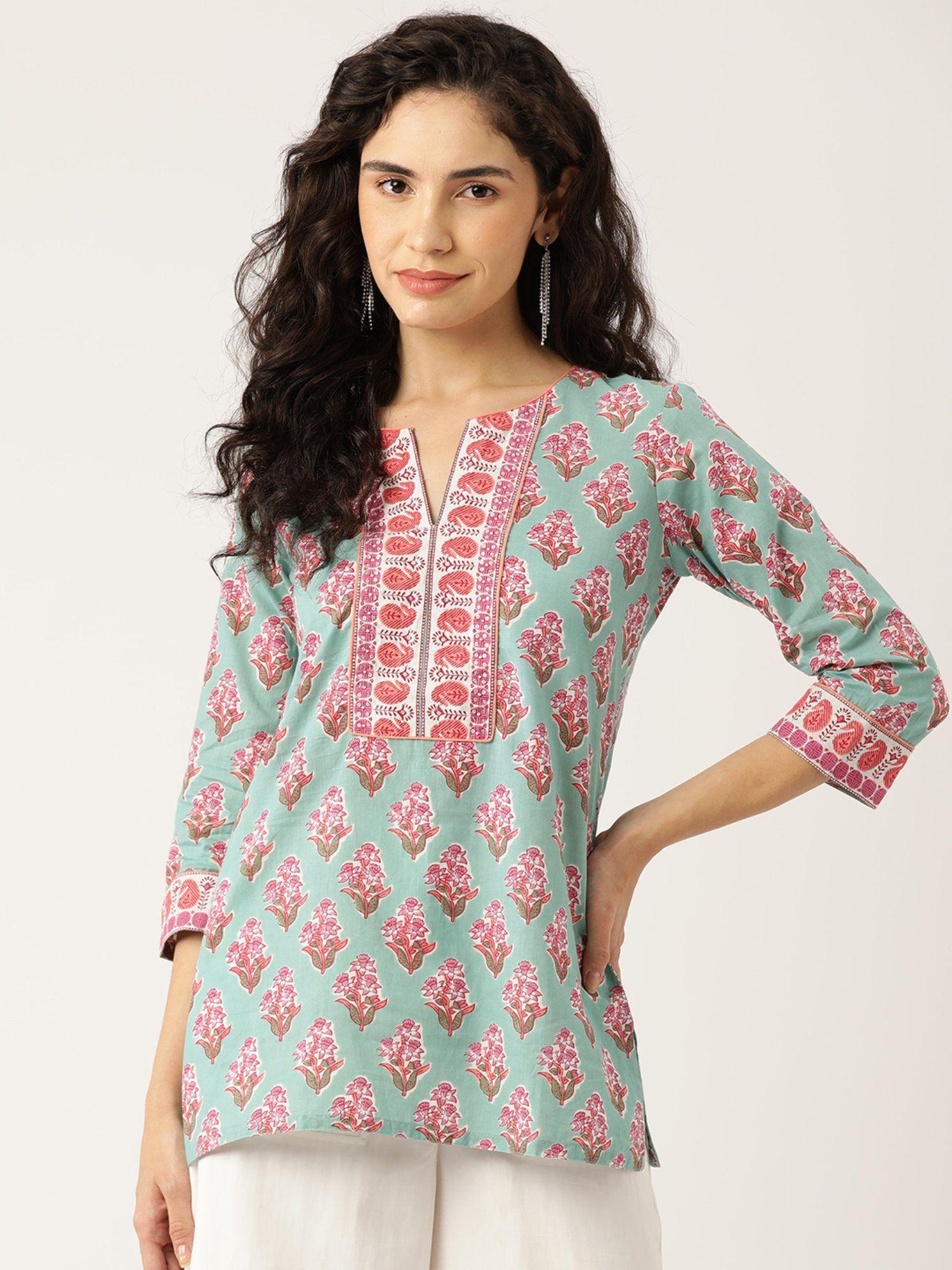 sea green printed sequinned pure cotton kurti