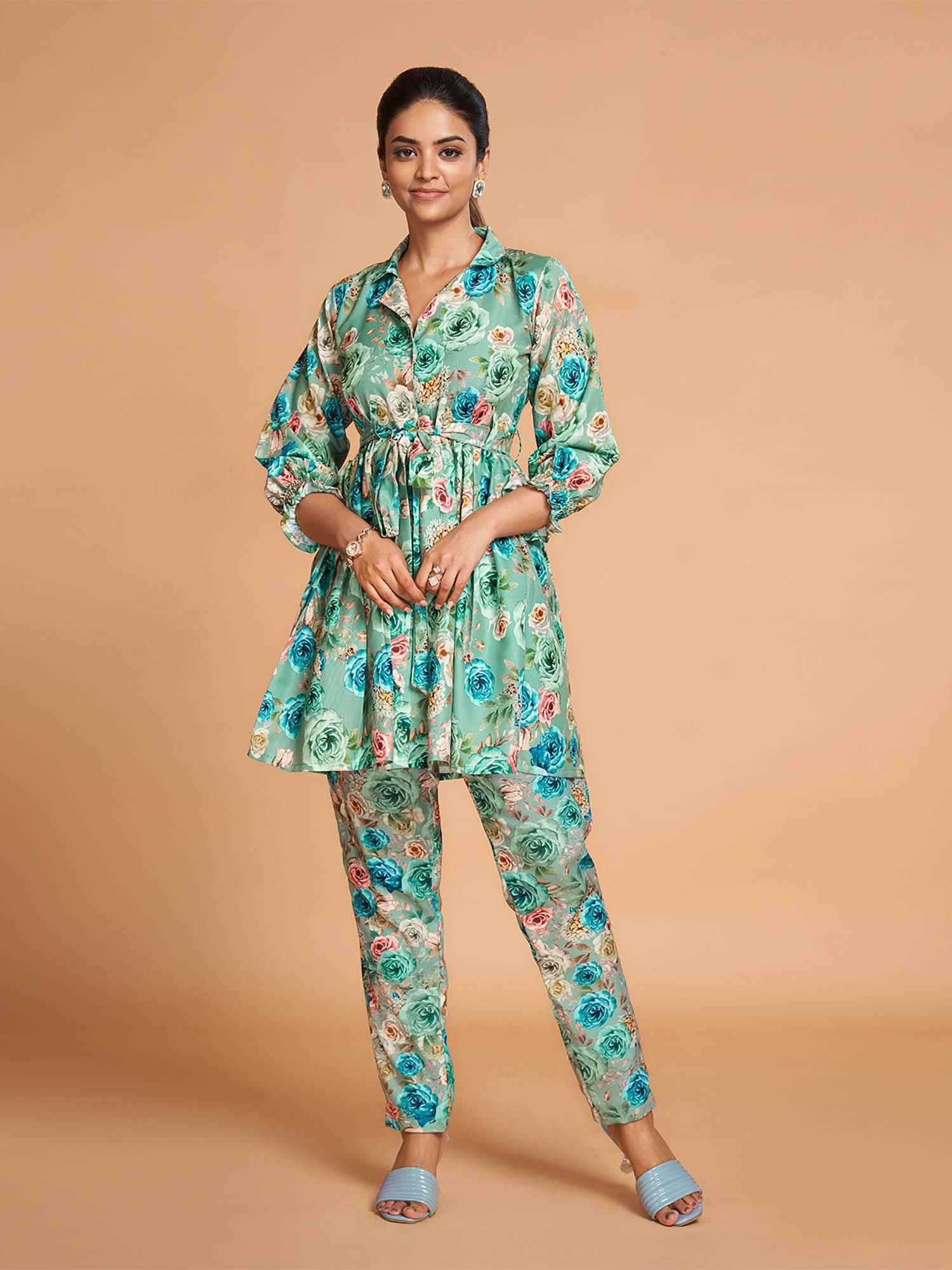 sea green rayon printed stitched co ord (set of 2)