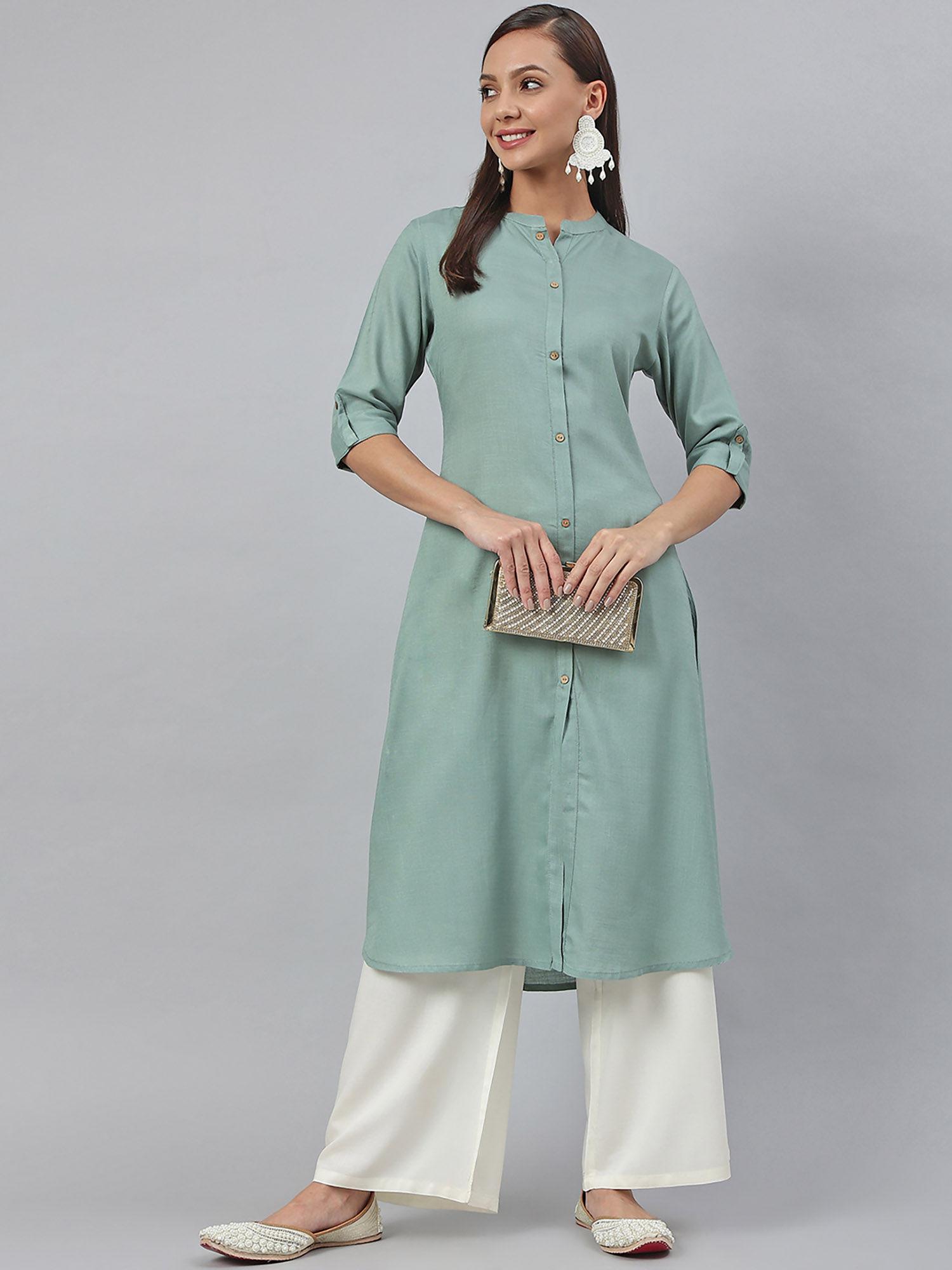 sea green rayon slub solid shirt style kurta