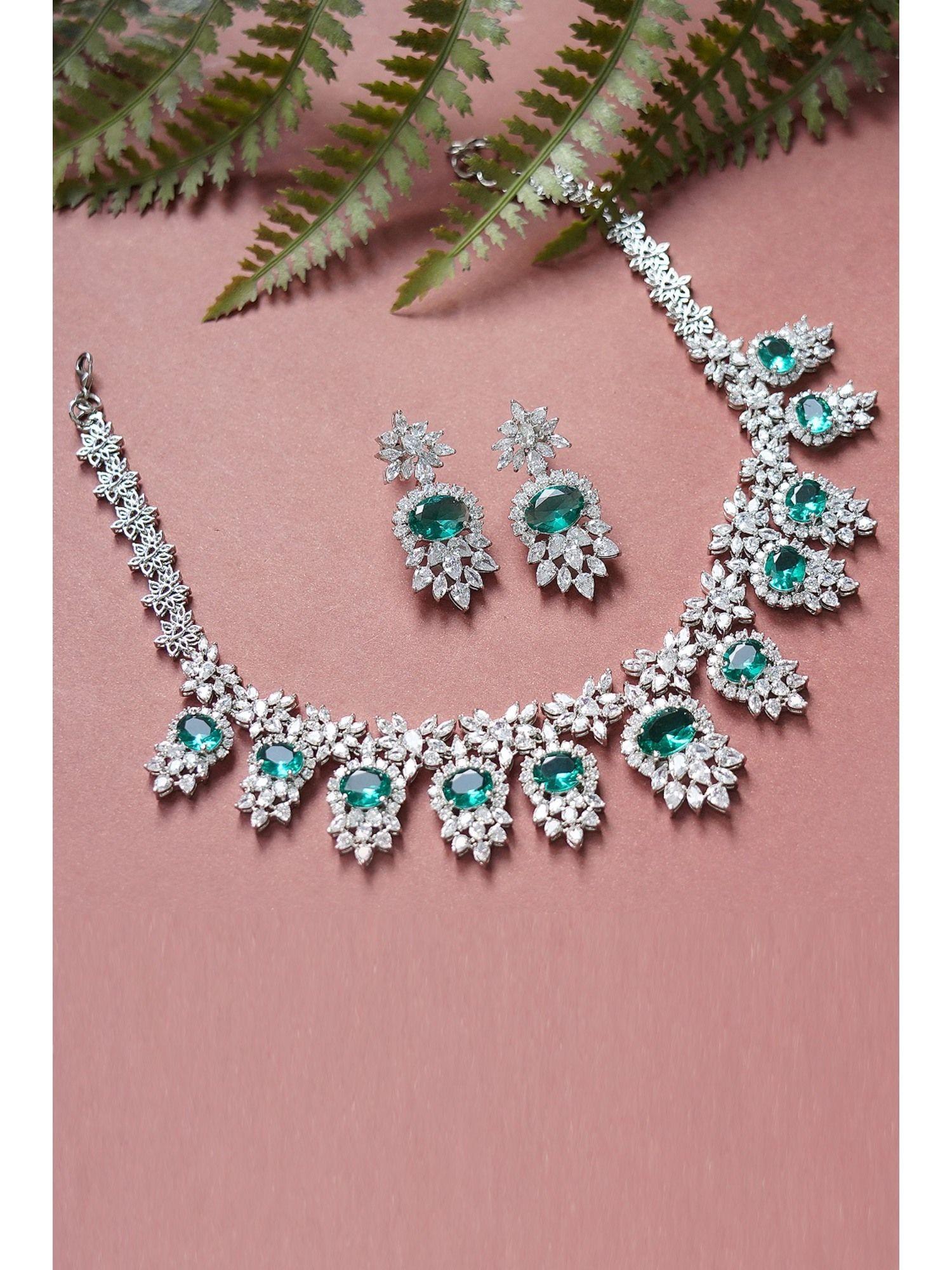 sea green rhodium finish statement necklace with