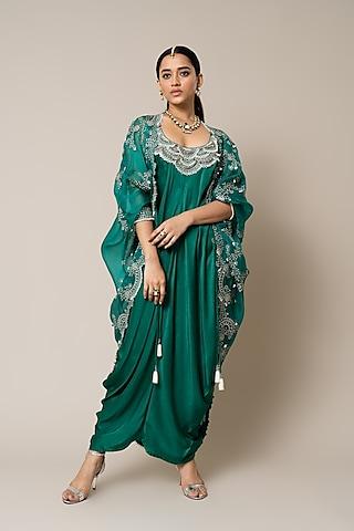sea green satin hand embroidered sack dress with cape