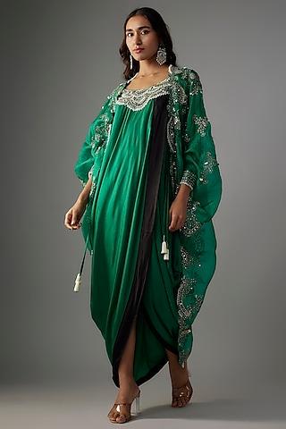 sea green satin mirror embroidered maxi jacket dress