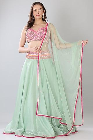 sea green satin organza lehenga set