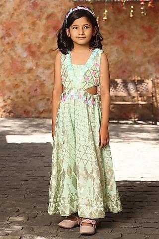 sea green sequins embroidered jumpsuit for girls