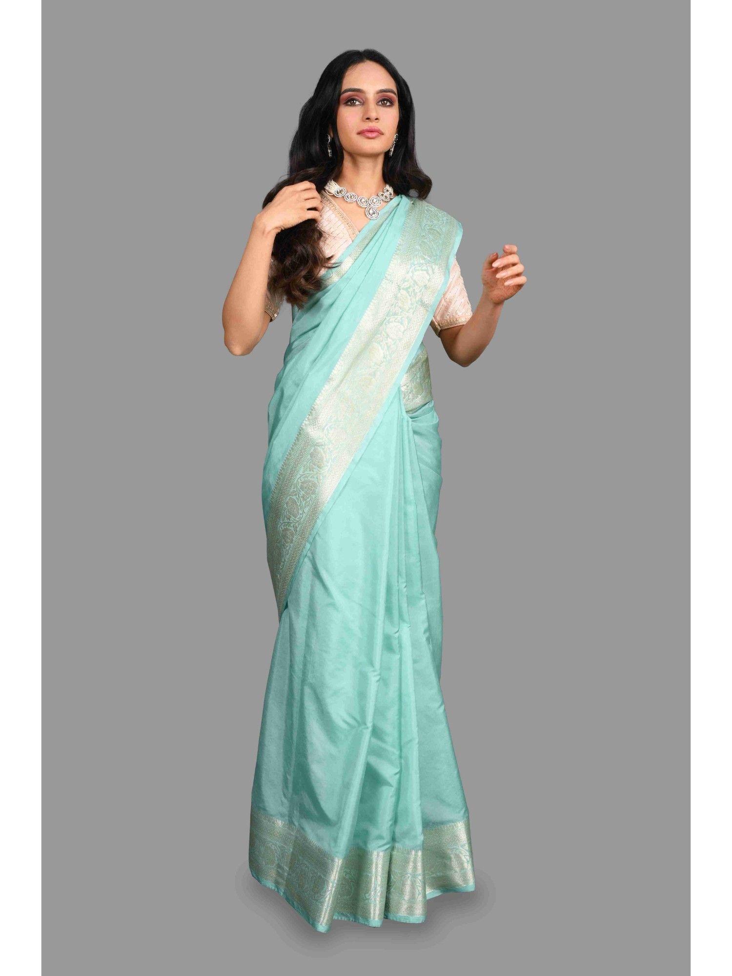 sea green silk banarasi handloom saree with unstitched blouse