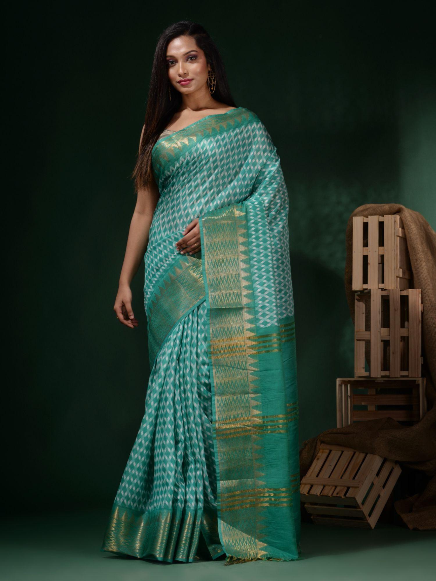 sea green silk blend checks print saree with unstitched blouse