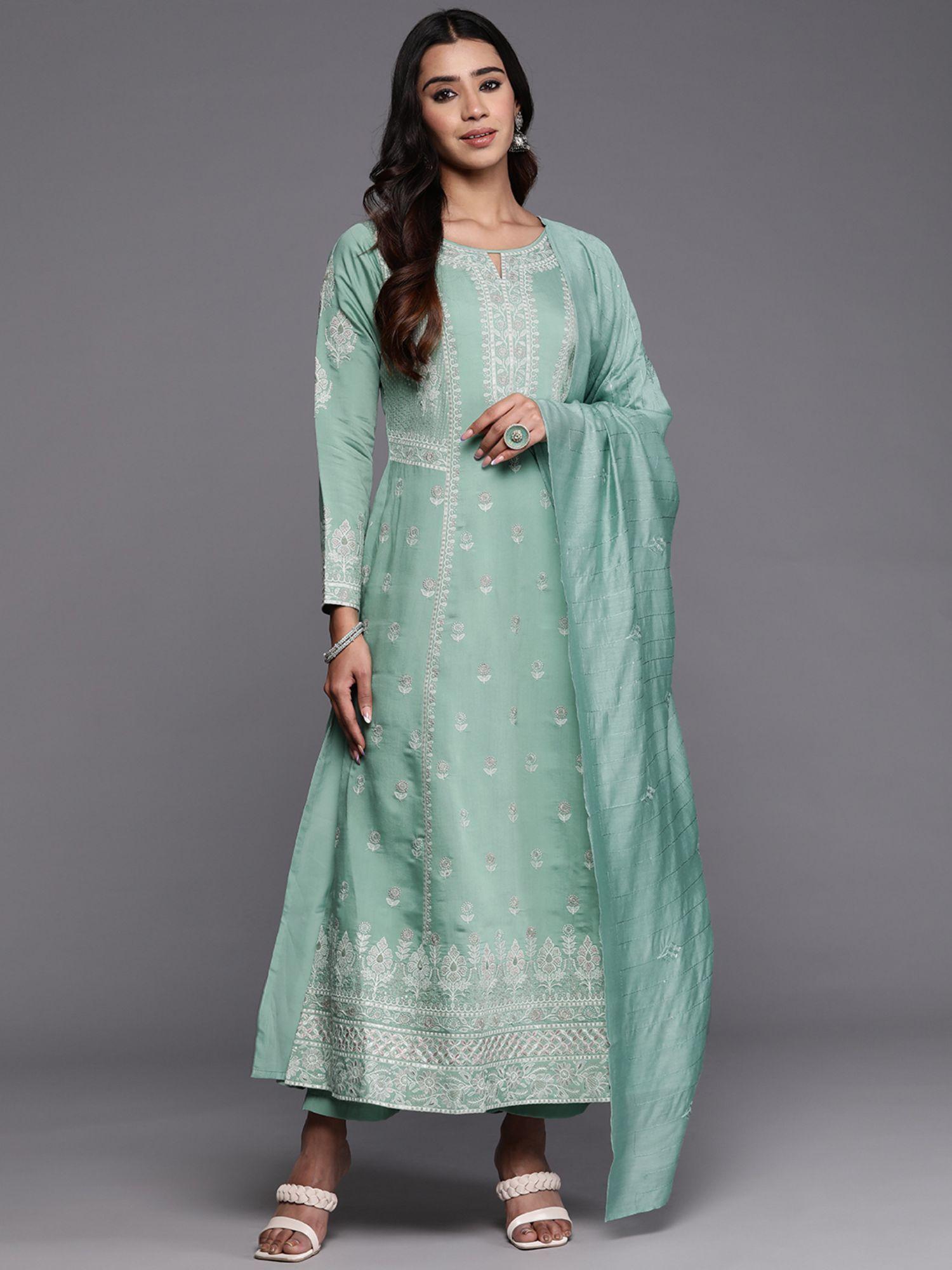 sea green silk blend embroidered a-line kurta with trousers and dupatta (set of 3)