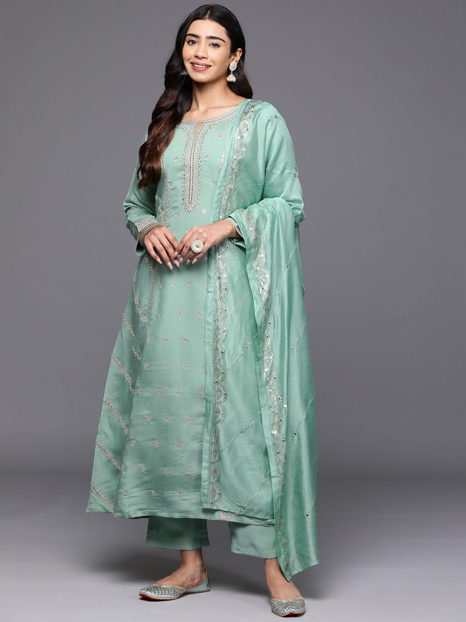 sea green silk blend embroidered a-line kurta with trousers and dupatta (set of 3)