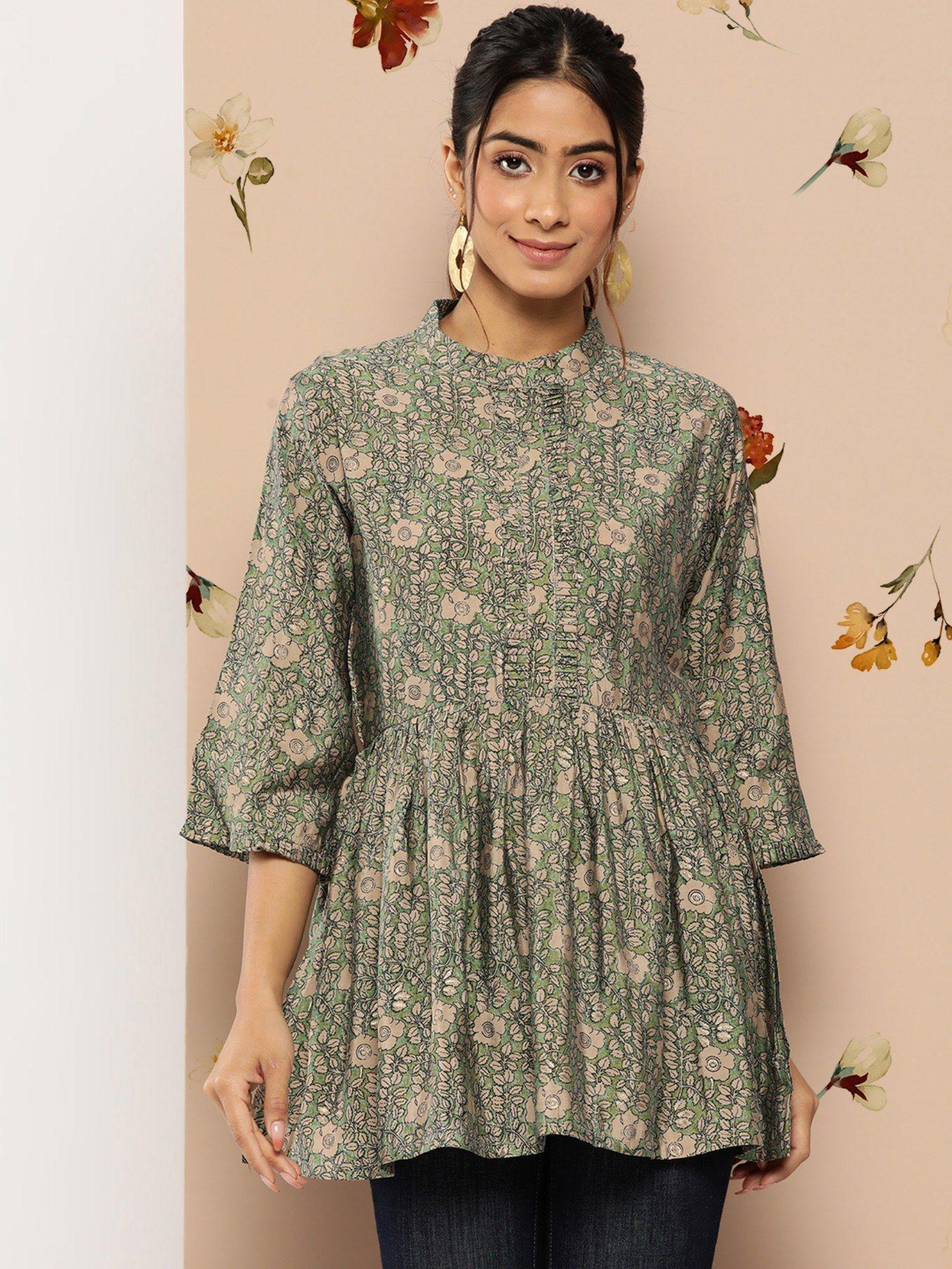 sea green silk blend floral printed with pleated placket & sleeves kurti