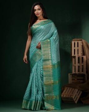sea green silk blend handwoven soft saree with checked print saree