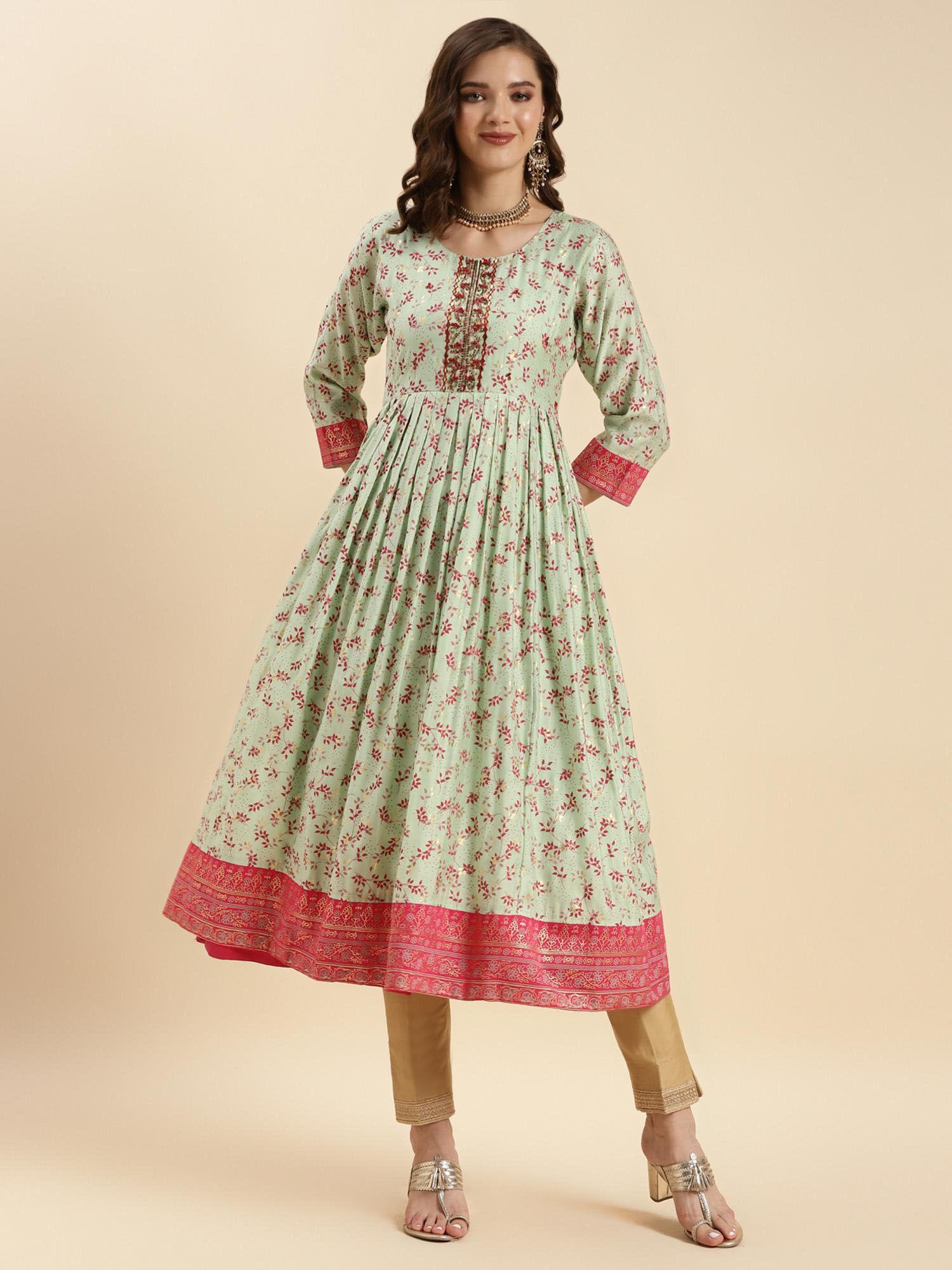 sea green silk embroidered calf length anarkali kurta