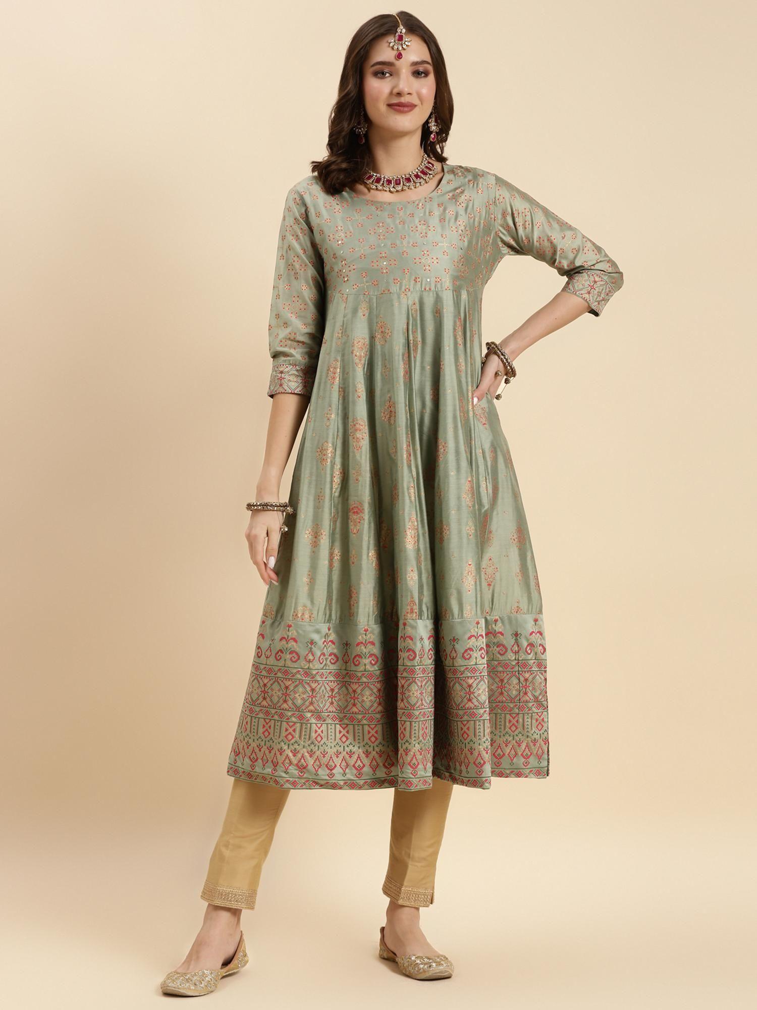 sea green silk embroidered calf length flared kurta