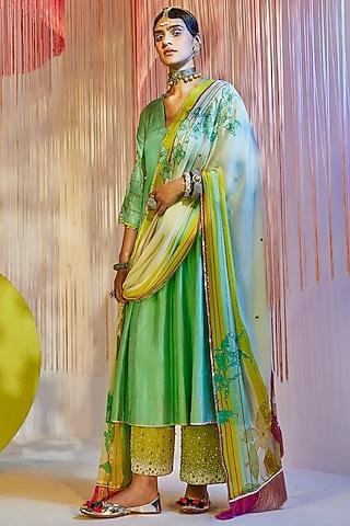 sea green silk hand embroidered kurta set