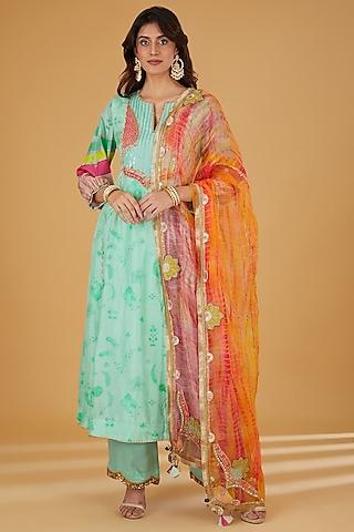 sea green silk hand embroidered kurta set