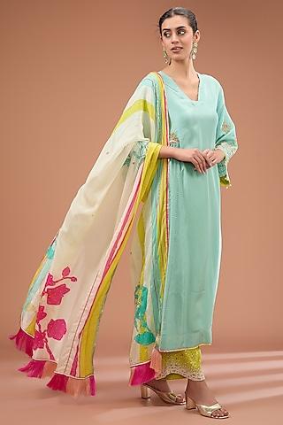 sea green silk hand embroidered kurta set