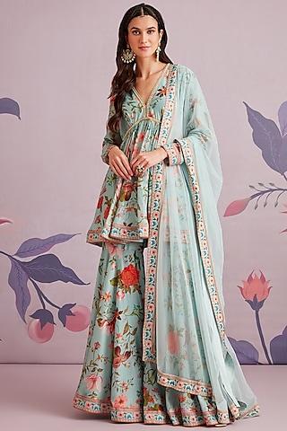 sea green silk printed anarkali set