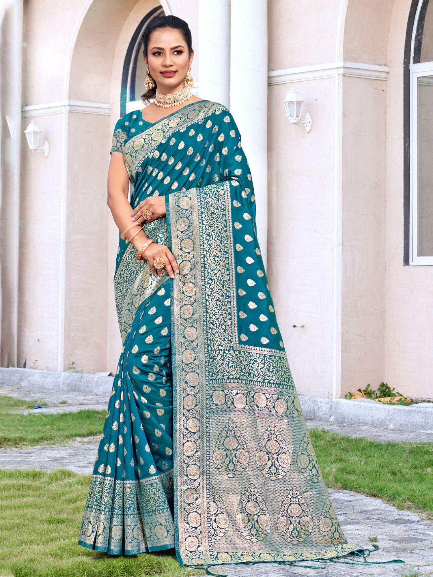 sea green silk woven work traditional tassels saree with unstitched blouse