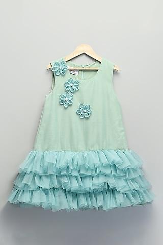 sea green soft net & organza ruffled a-line dress for girls