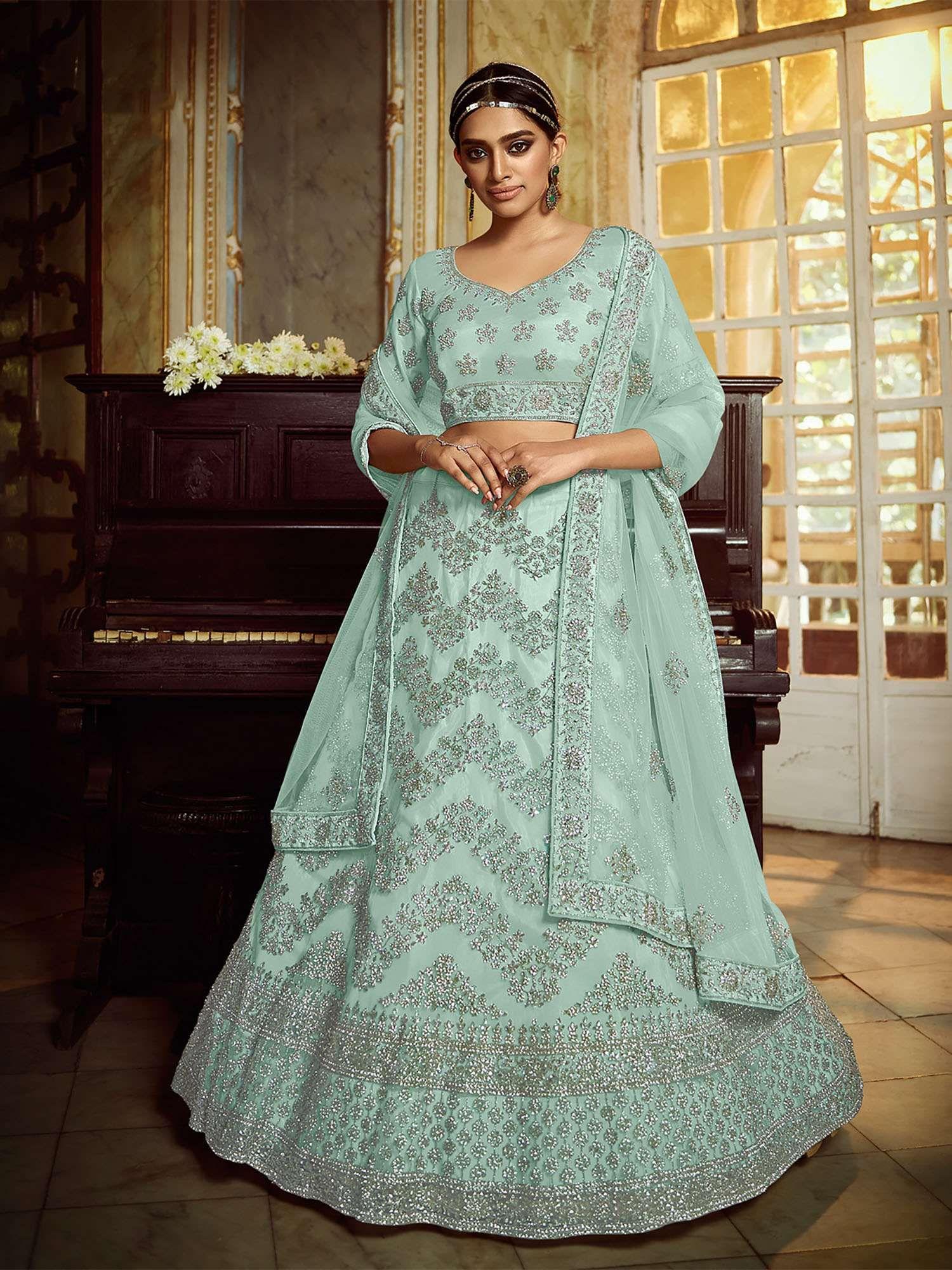 sea green soft net embroidered semi stitched lehenga with unstitched blouse (set of 3)