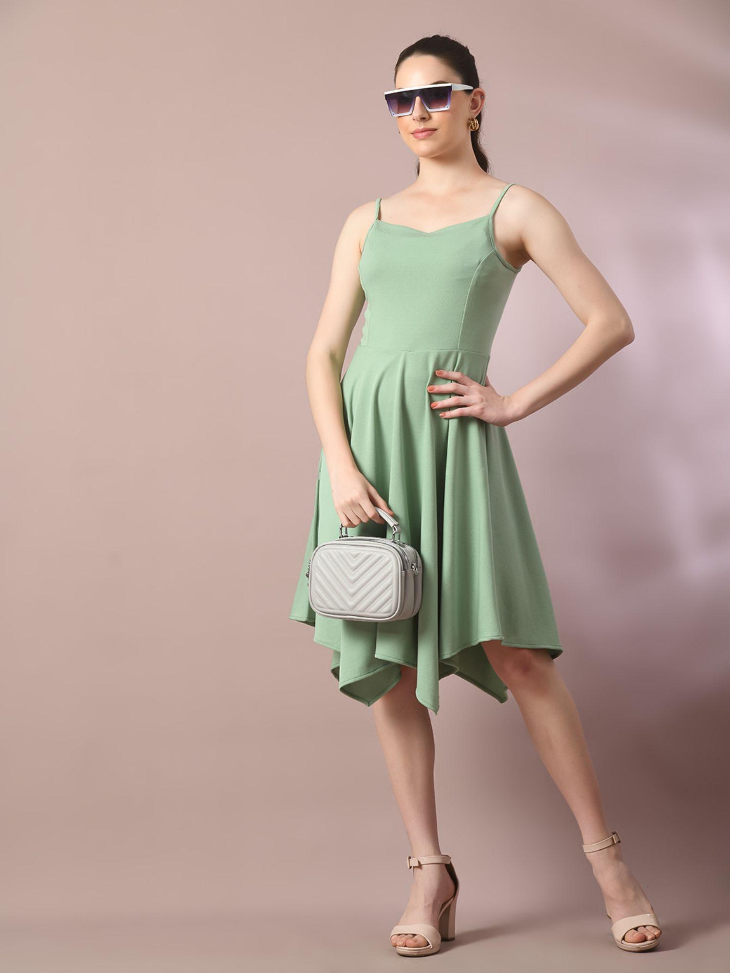 sea green solid shoulder straps fit and flare party dress