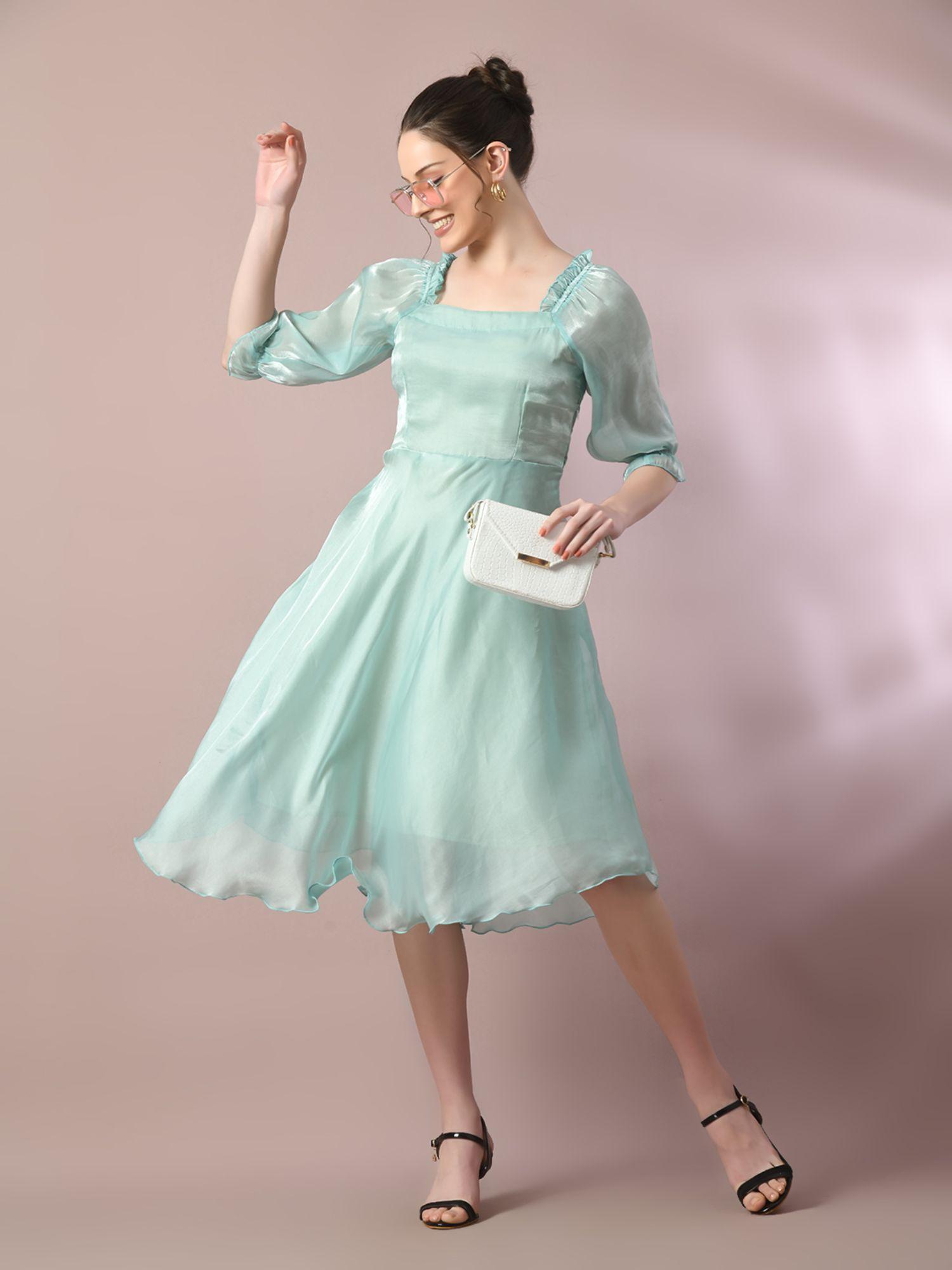 sea green solid square neck fit and flare party dress