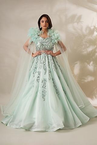 sea green textured organza embellished gown