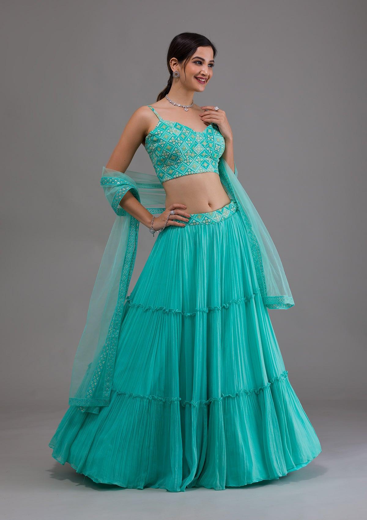 sea green threadwork georgette readymade lehenga