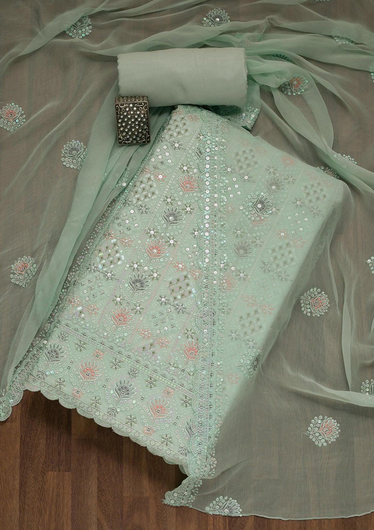 sea green threadwork georgette unstitched salwar suit