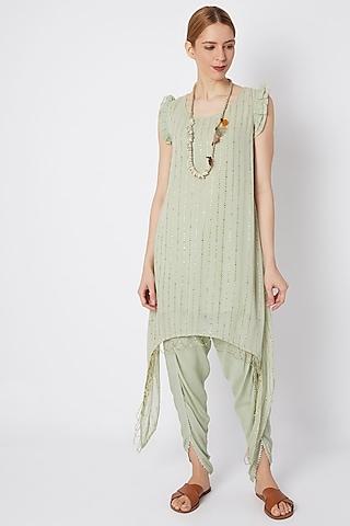 sea green tunic with pants with necklace