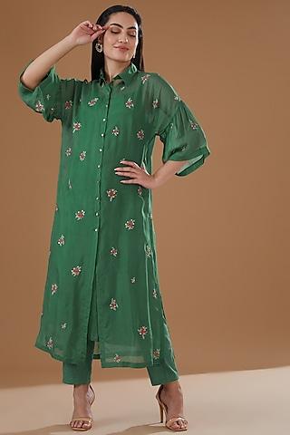 sea green viscose organza floral embroidered tunic set