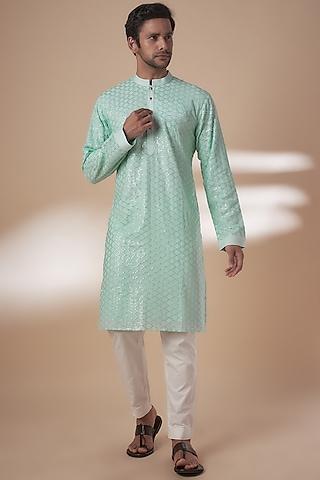 sea green viscose silk anchor embroidered chikankari kurta set