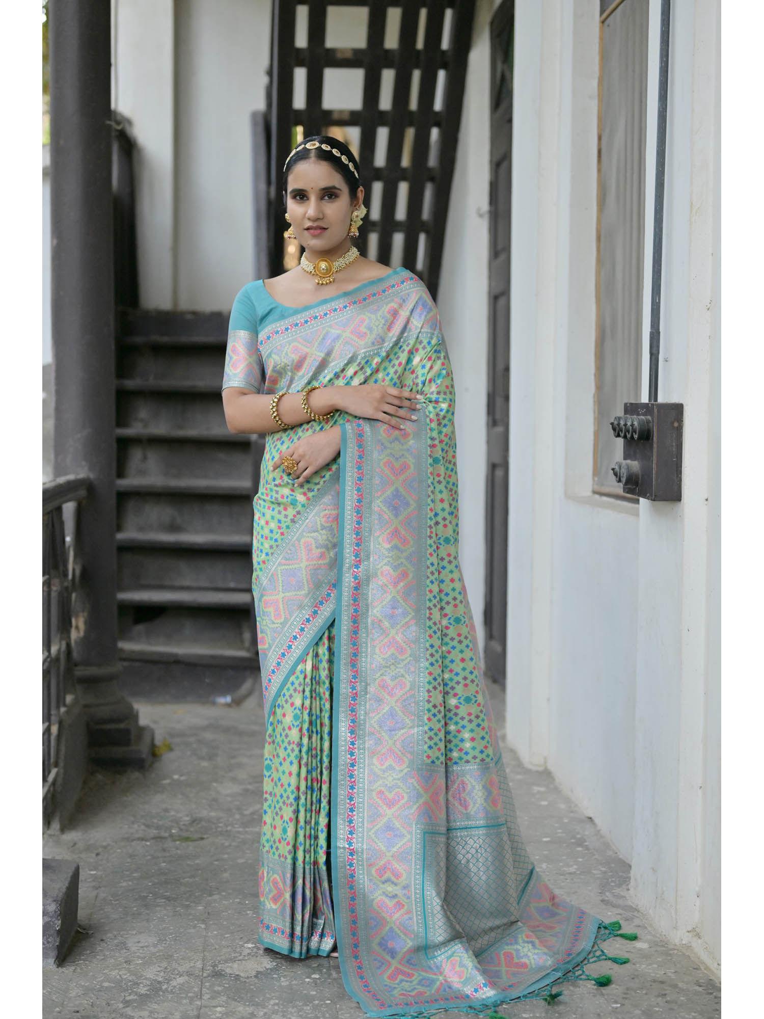 sea-green zari woven meenakari weaves pathani silk saree with unstitched blouse