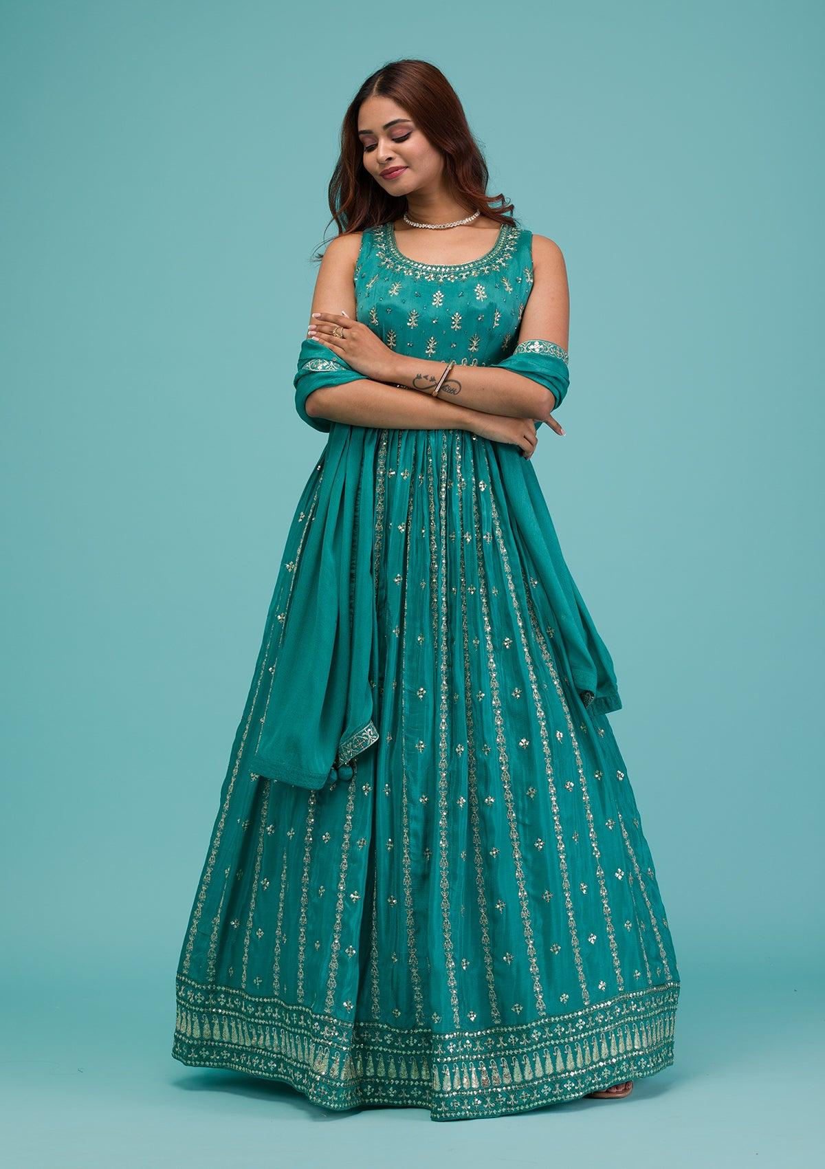 sea green zariwork semi crepe readymade anarkali suit