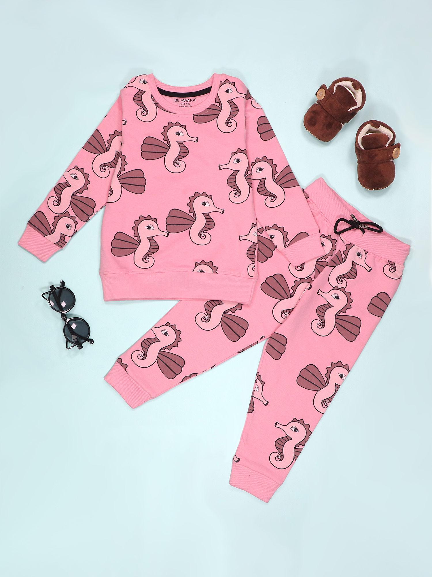 sea horse pattern kids sweatshirt & joggers pink (set of 2)