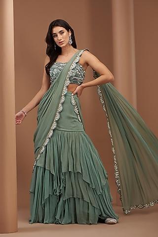 sea mint green georgette embroidered saree set