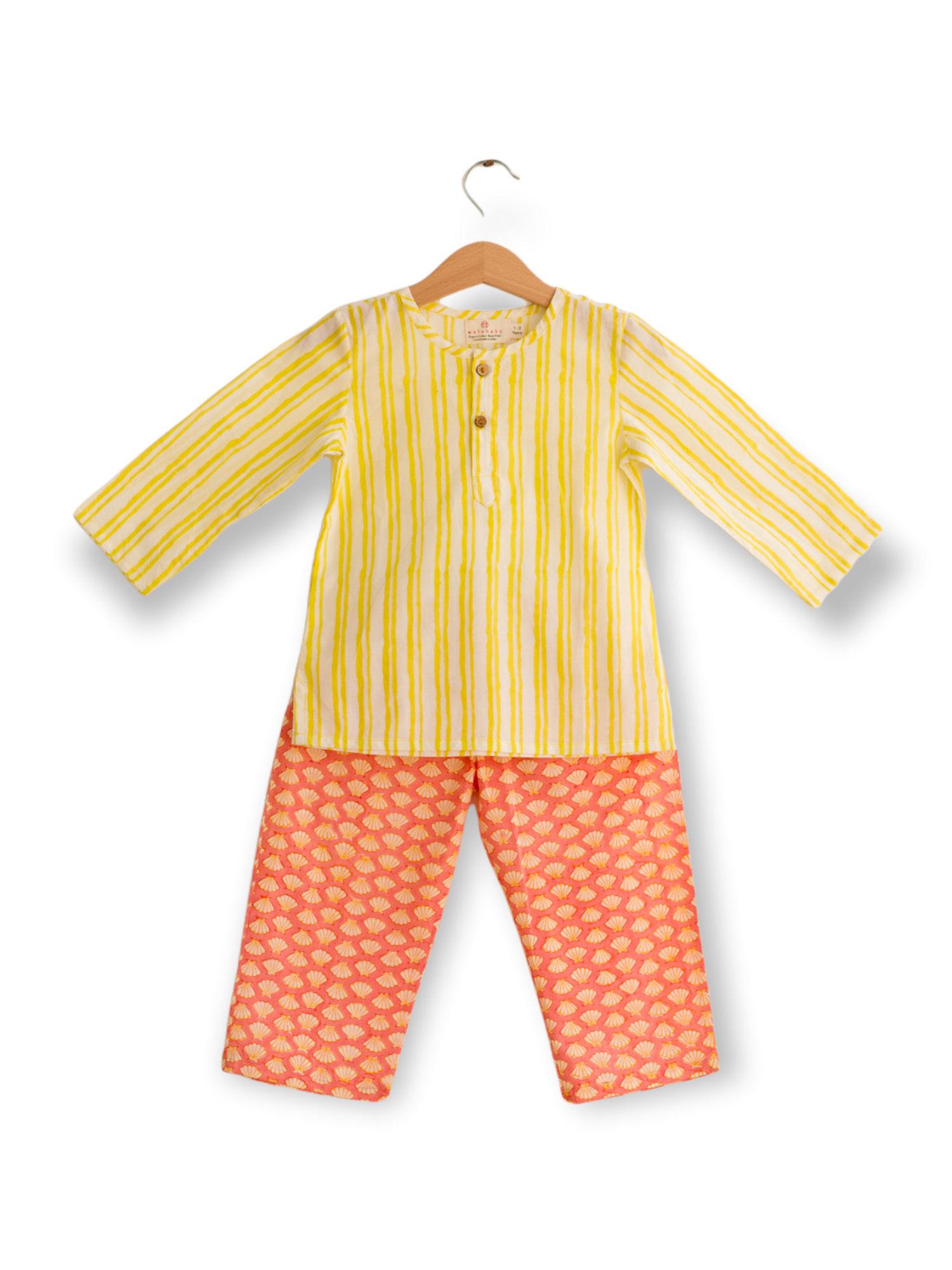 sea shells and stripes organic cotton pyjama set-pink,yellow (set of 2)