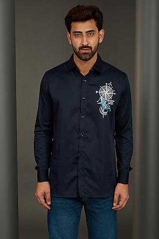 seafarer compass navy blue premium giza cotton blend hand painted shirt