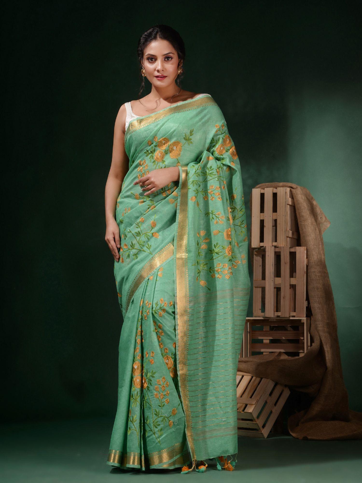 seafoam green silk linen handwoven floral print saree with unstitched blouse