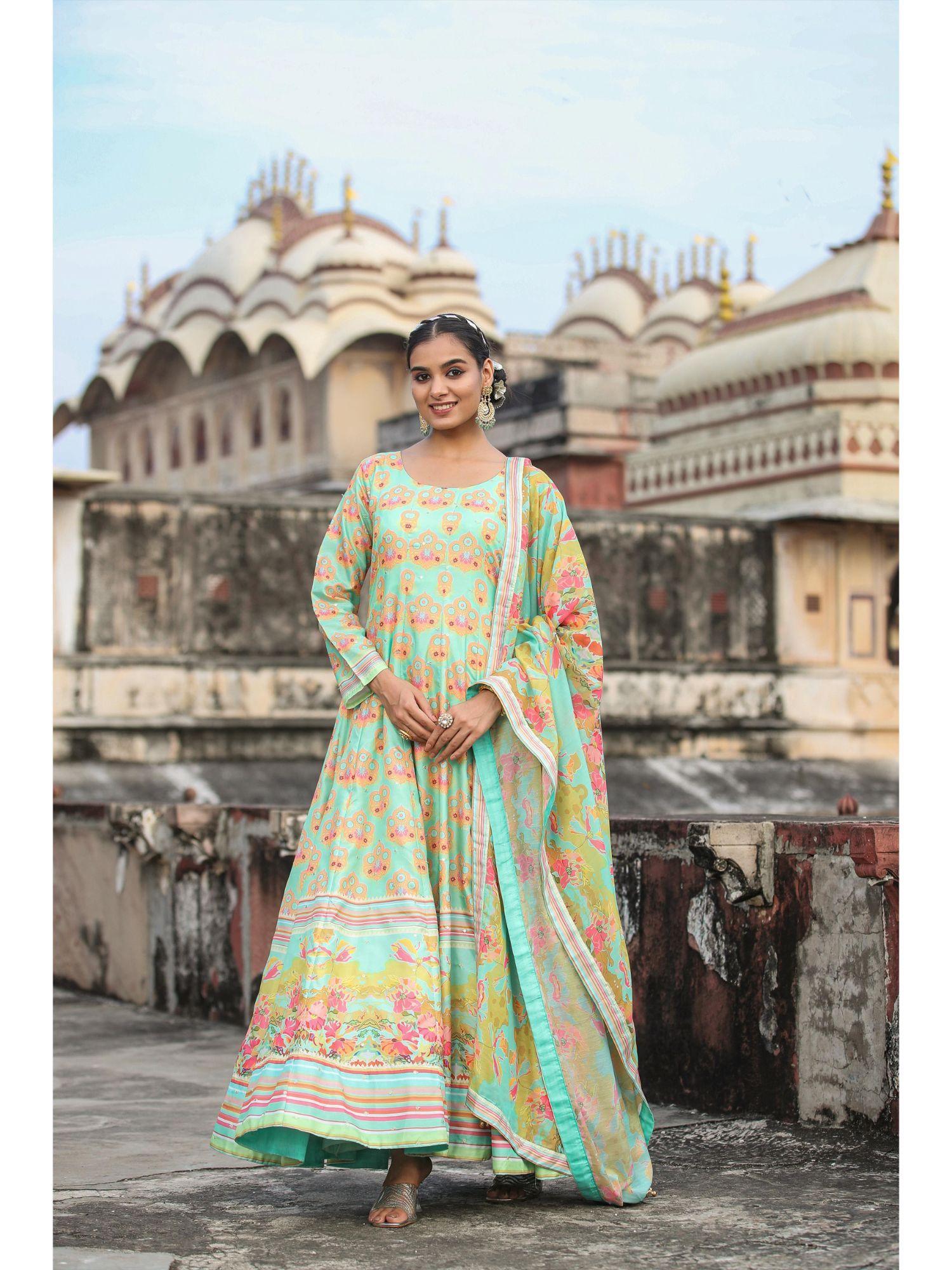 seagreen dola silk printed anarkali gown with cotton silk printed dupatta (set of 2)