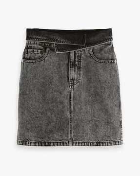 seasonal foldover denim skirt with wash effects
