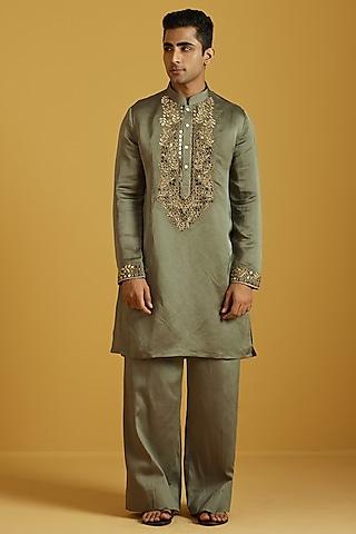 seaweed satin linen embroidered kurta set