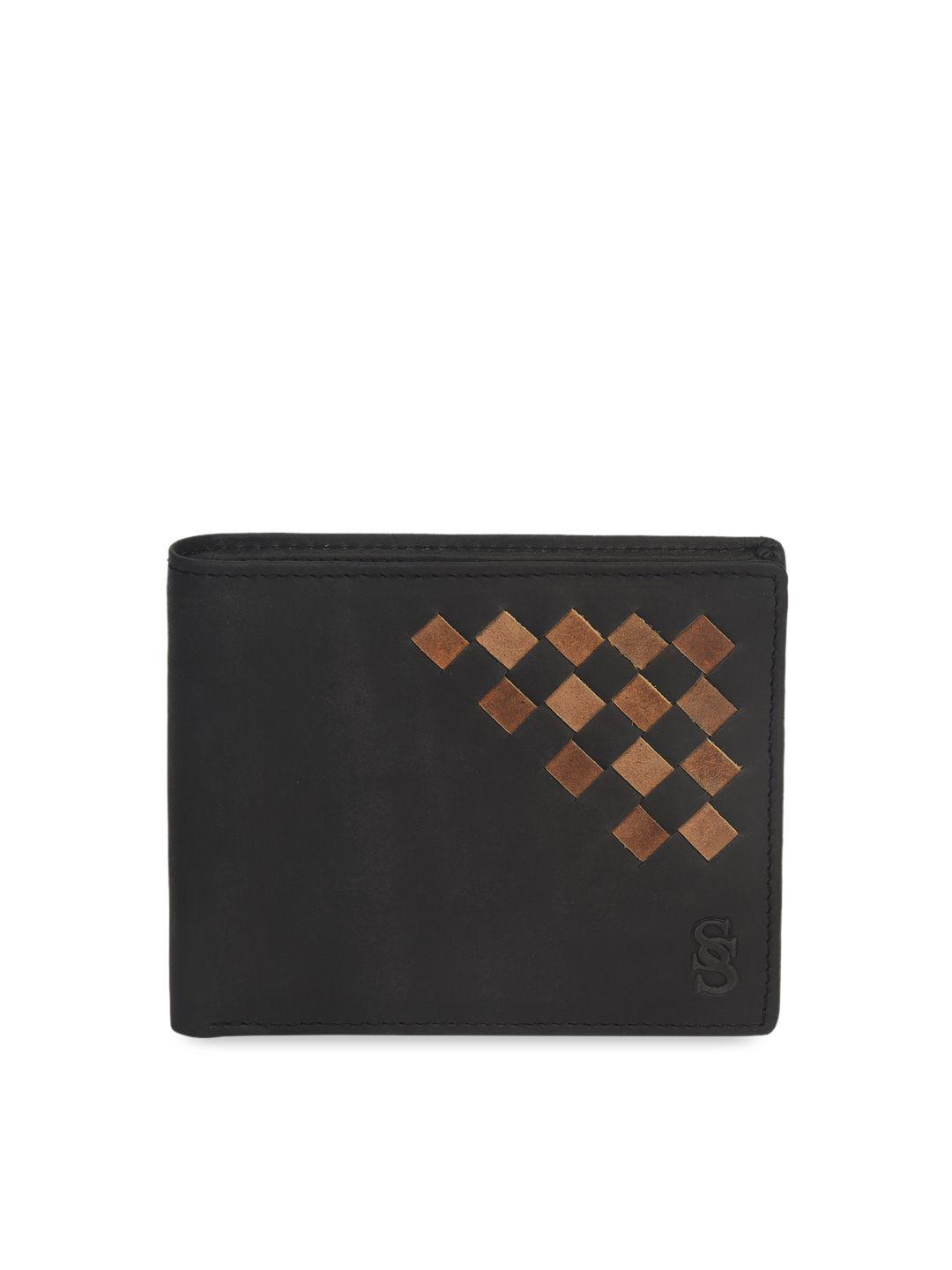 second skin men black & tan brown woven design leather two fold wallet