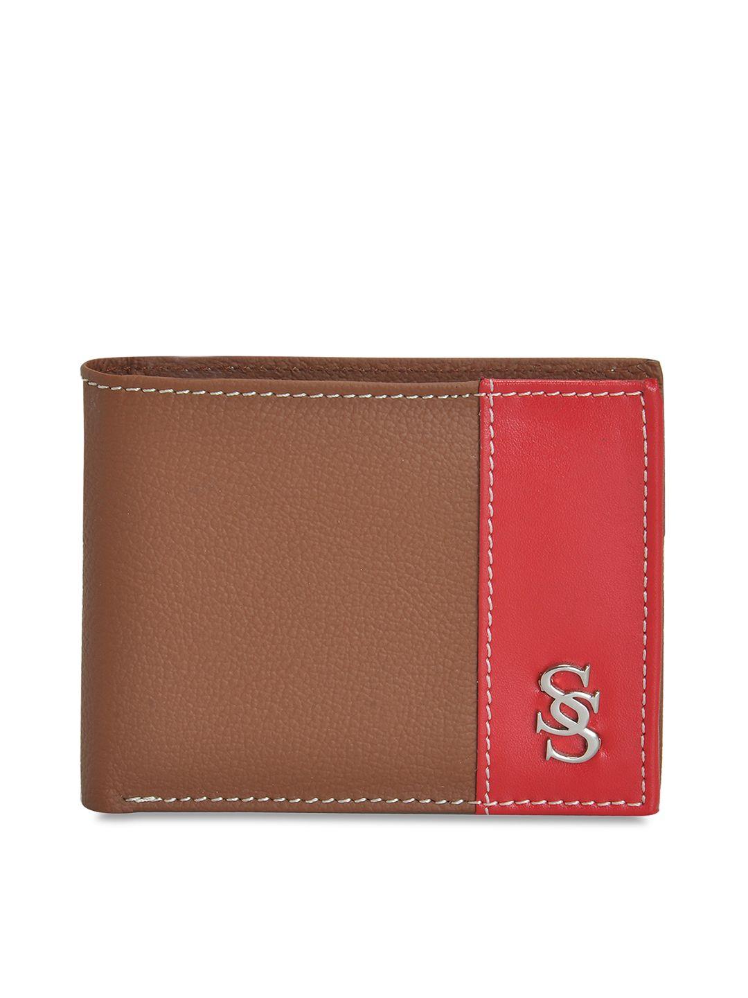 second skin men tan brown & red colourblocked genuine leather two fold wallet