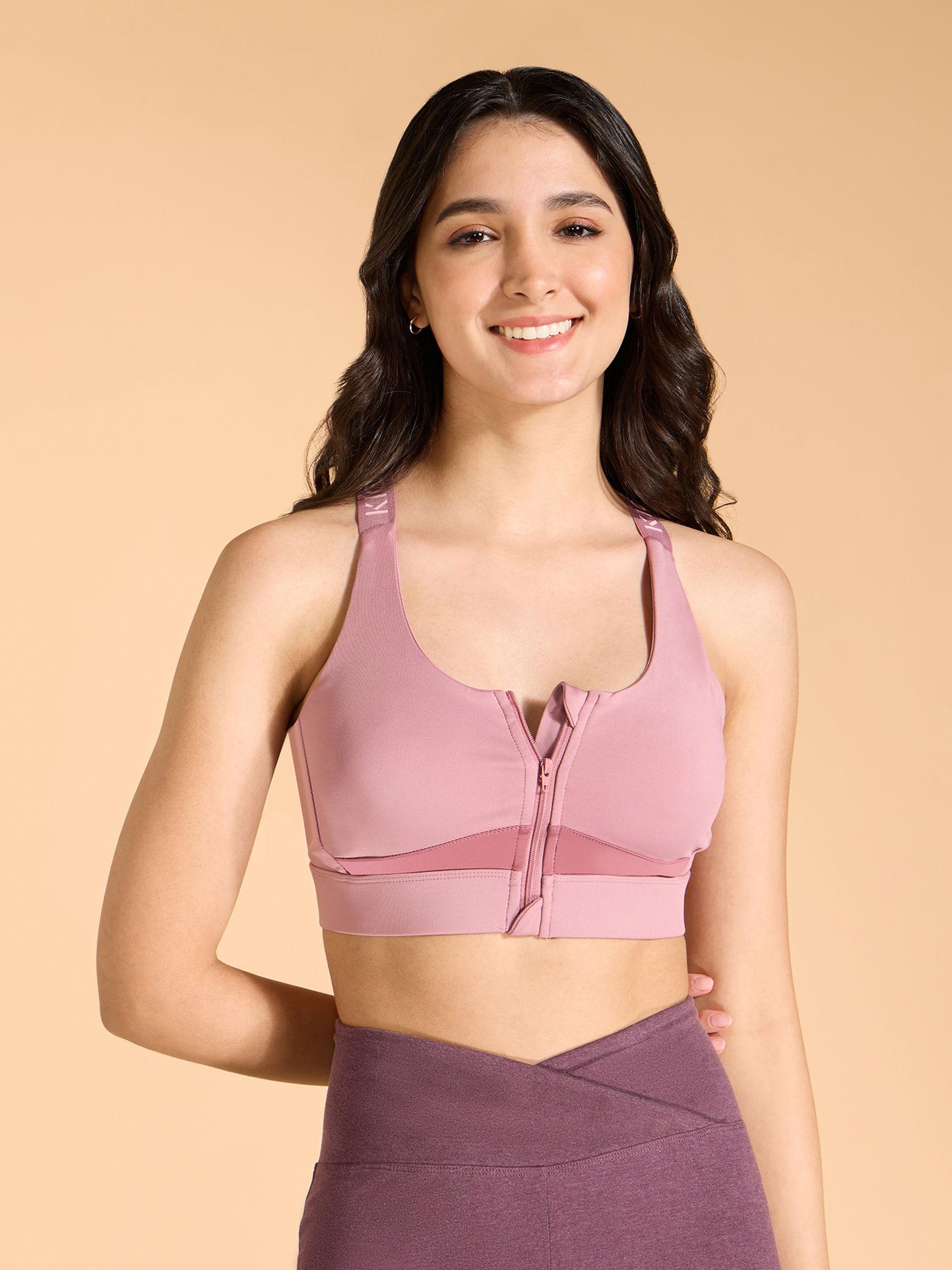 second skn mid support zip sports bra with racerback at back mauve