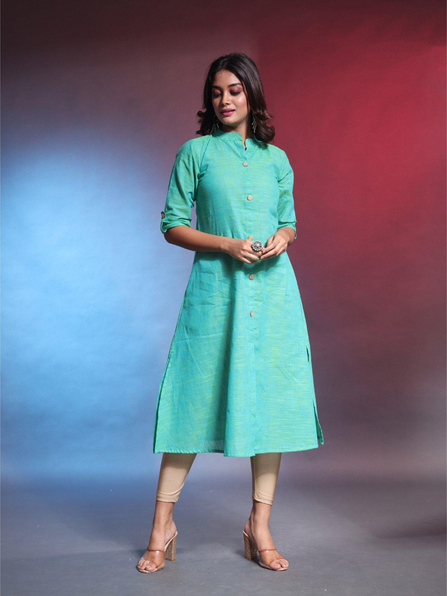 secremanto green solid cotton a-line kurta