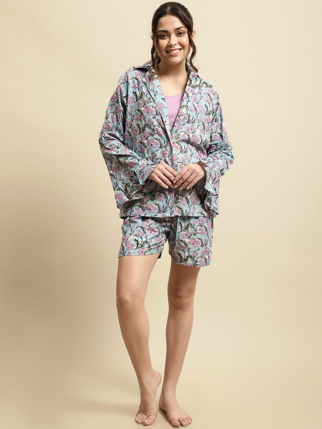 secret wish 3 piece sanganeri floral printed pure cotton night suit with robe