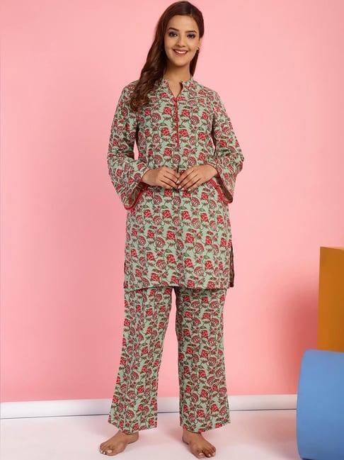 secret-wish-green-cotton-printed-tunic-&-pyjamas-set