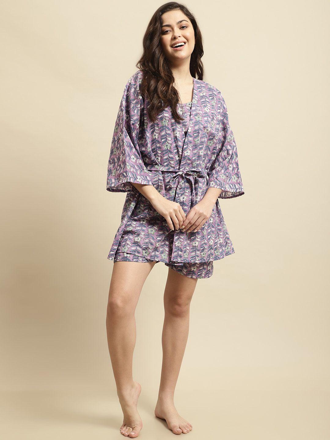 secret wish sanganeri floral printed pure cotton 3-piece top & shorts with robe